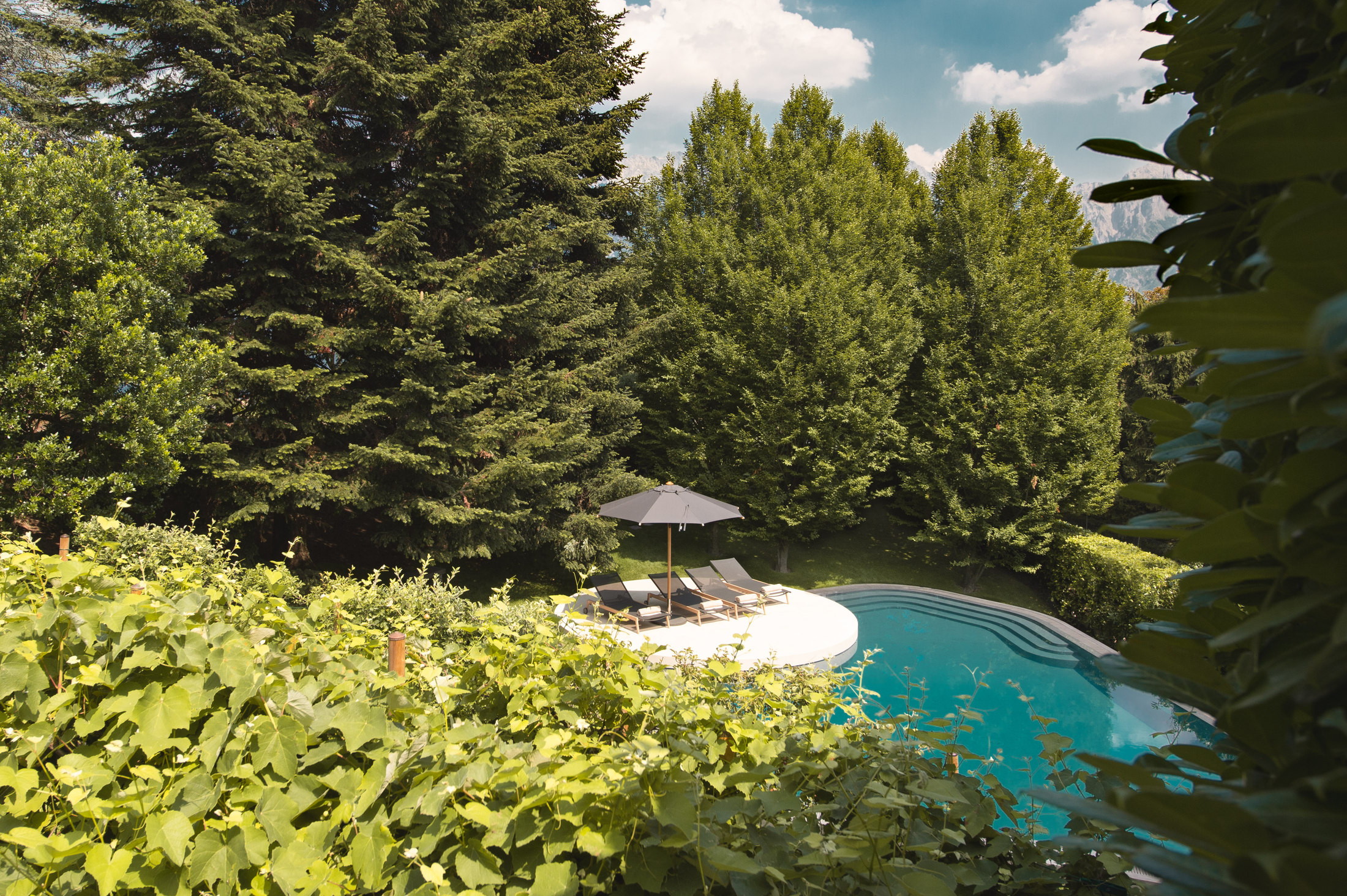Heated infinity pool surrounded by the garden