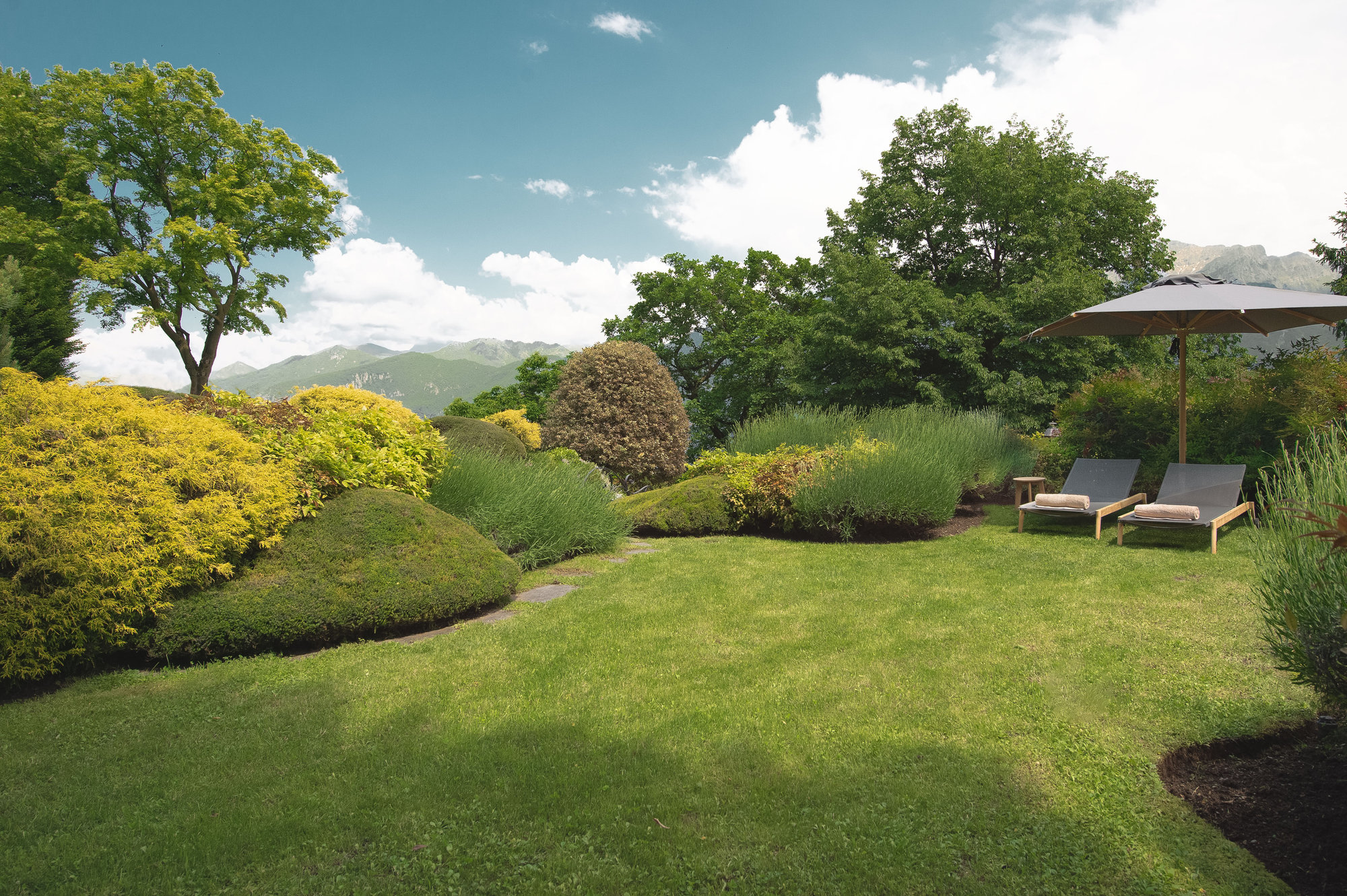 Sun loungers and parasol on the lawn